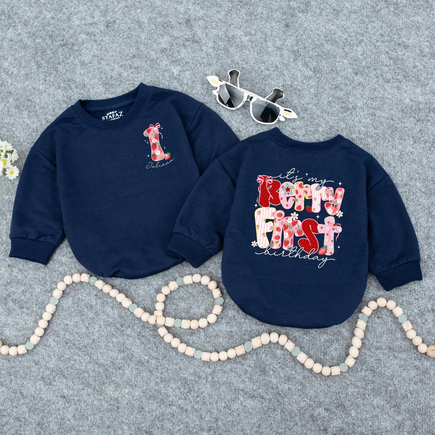 Sweet Strawberry Candy First Birthday Romper Baby Girl Outfit Pink Bow Floral Stripes Holiday Festive Gift 138