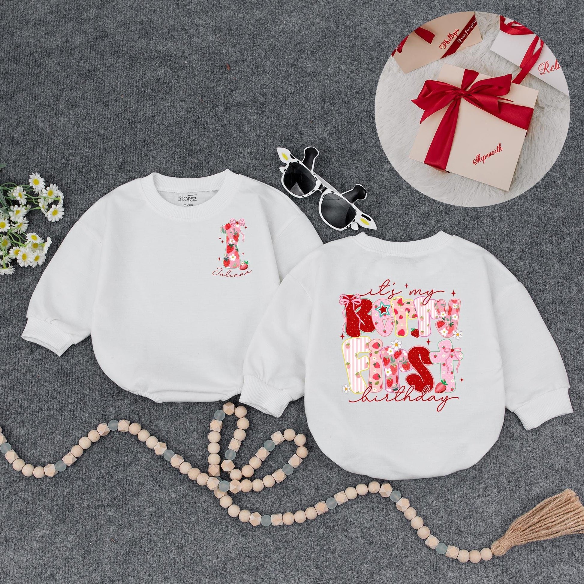 Sweet Strawberry Candy First Birthday Romper Baby Girl Outfit Pink Bow Floral Stripes Holiday Festive Gift 138