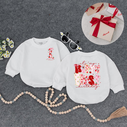 Sweet Strawberry Candy First Birthday Romper Baby Girl Outfit Pink Bow Floral Stripes Holiday Festive Gift 138