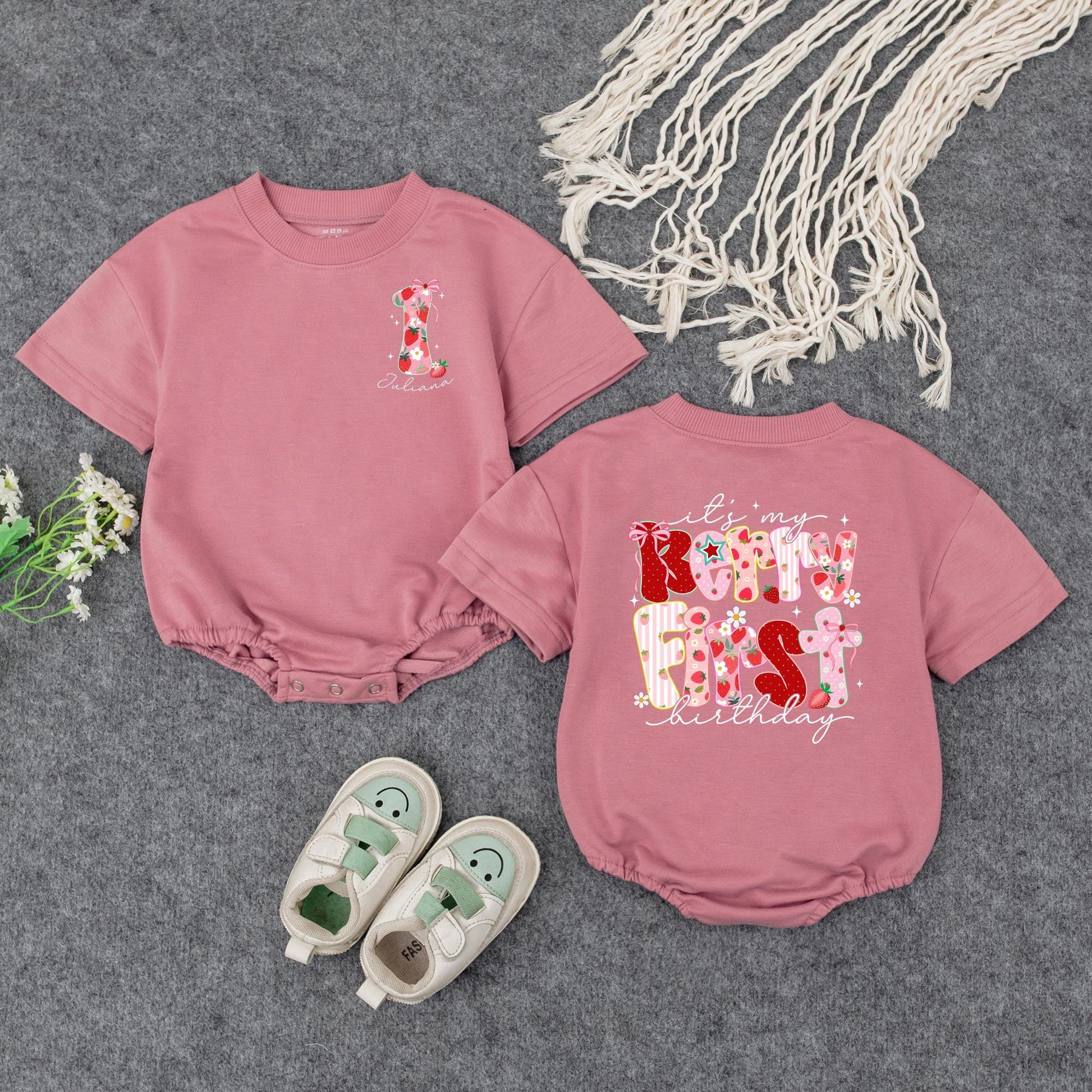 Sweet Strawberry Candy First Birthday Romper Baby Girl Outfit Pink Bow Floral Stripes Holiday Festive Gift 138