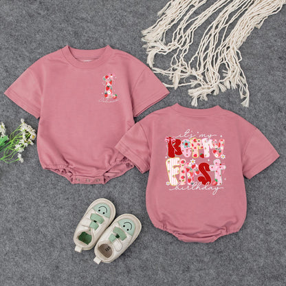 Sweet Strawberry Candy First Birthday Romper Baby Girl Outfit Pink Bow Floral Stripes Holiday Festive Gift 138