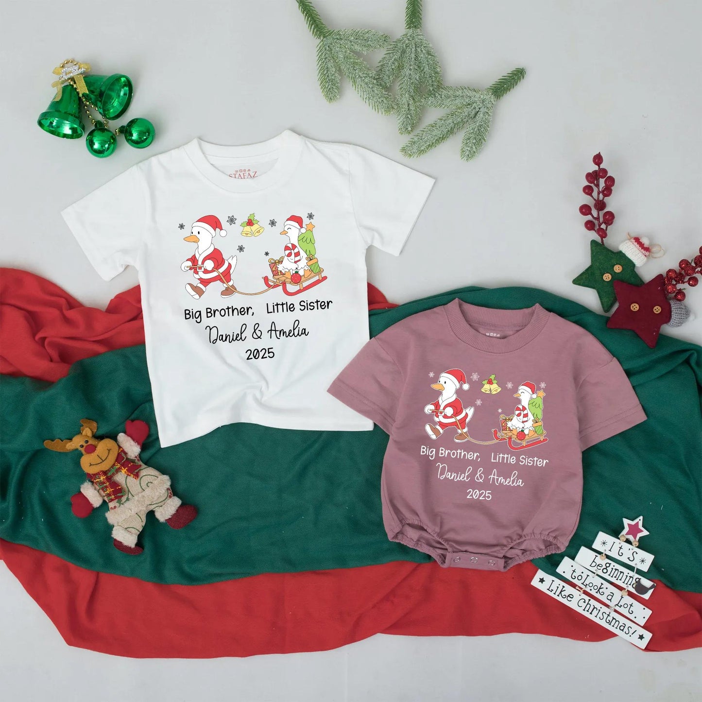 Personalized Big Brother Little Sister First Christmas Outfits 2025 Sibling Names Whimsical Goose Sledding Baby Toddler Holiday Shirts