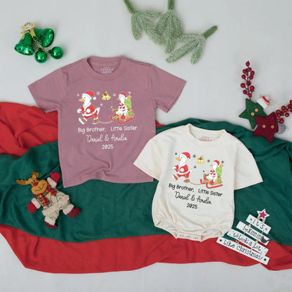 Personalized Big Brother Little Sister First Christmas Outfits 2025 Sibling Names Whimsical Goose Sledding Baby Toddler Holiday Shirts