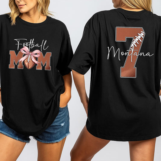 Football MOM Shirt Personalized with Player Number & Name, Spotted Print Game Day Tee, Custom Sports Mama Outfit, Unique Gift for Football Season