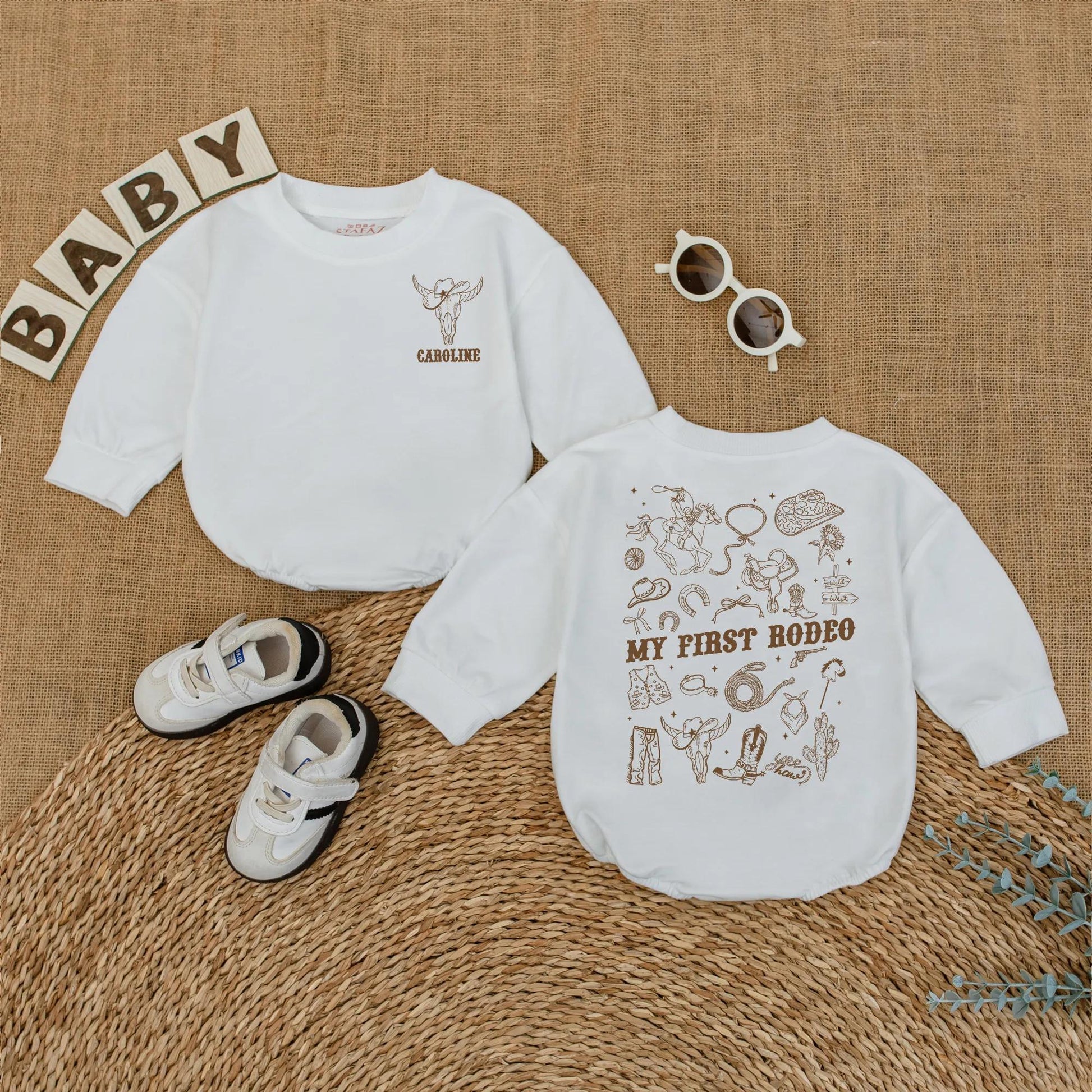 Personalized My First Rodeo Bubble Romper Western 1st Birthday Cowboy Baby Outfit Brown Vintage Skull Design Horse Lasso