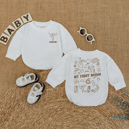 Personalized My First Rodeo Bubble Romper Western 1st Birthday Cowboy Baby Outfit Brown Vintage Skull Design Horse Lasso