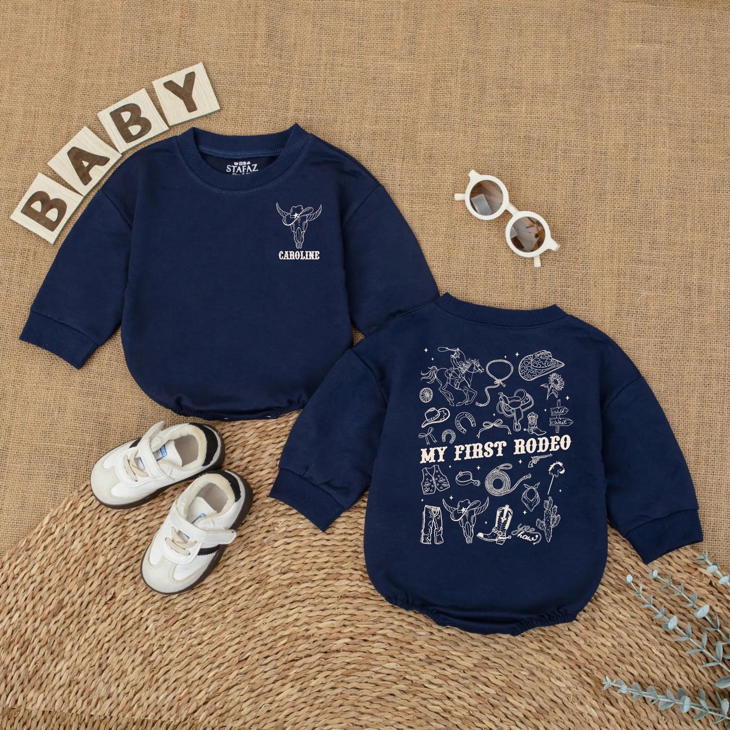 Personalized My First Rodeo Bubble Romper Western 1st Birthday Cowboy Baby Outfit Brown Vintage Skull Design Horse Lasso