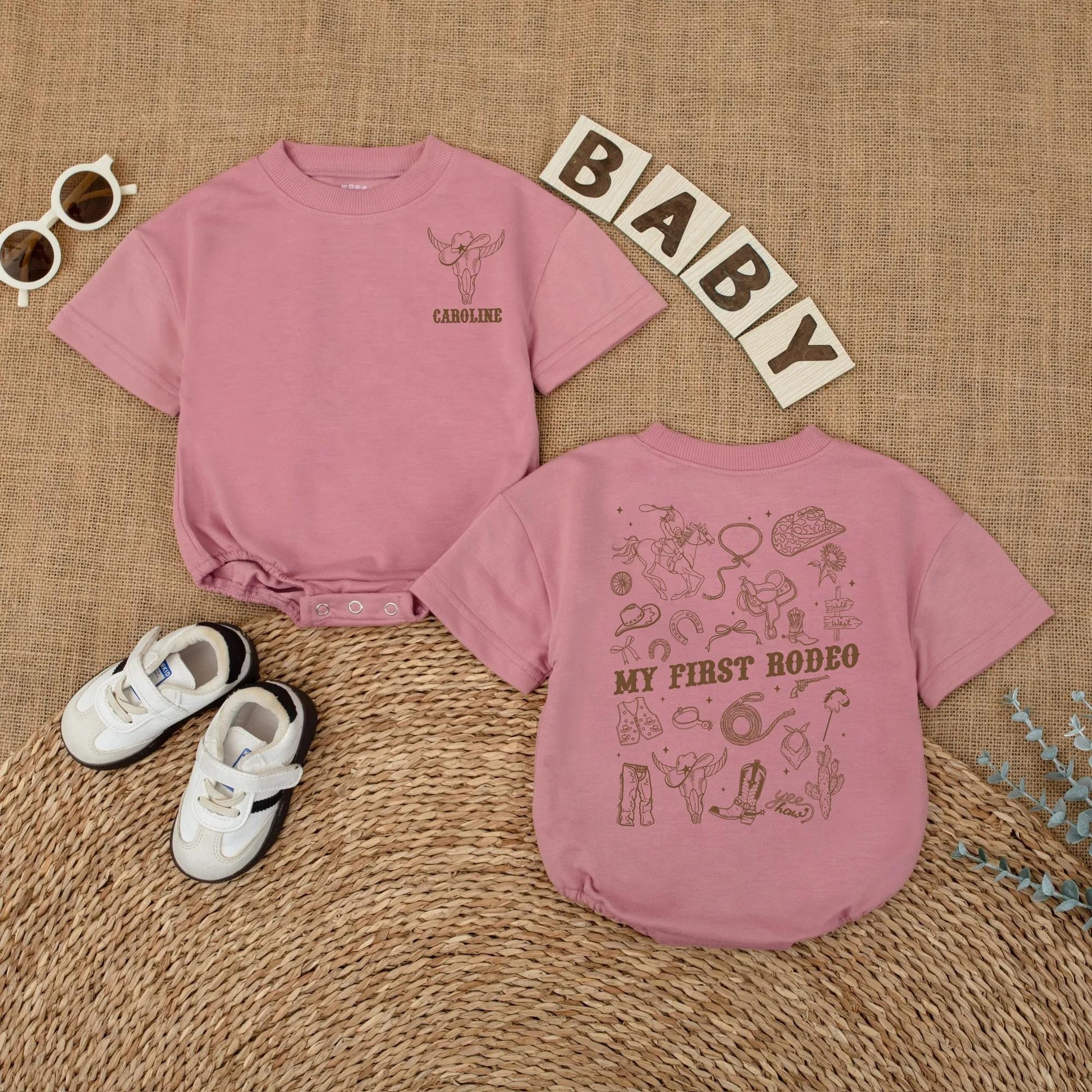 Personalized My First Rodeo Bubble Romper Western 1st Birthday Cowboy Baby Outfit Brown Vintage Skull Design Horse Lasso