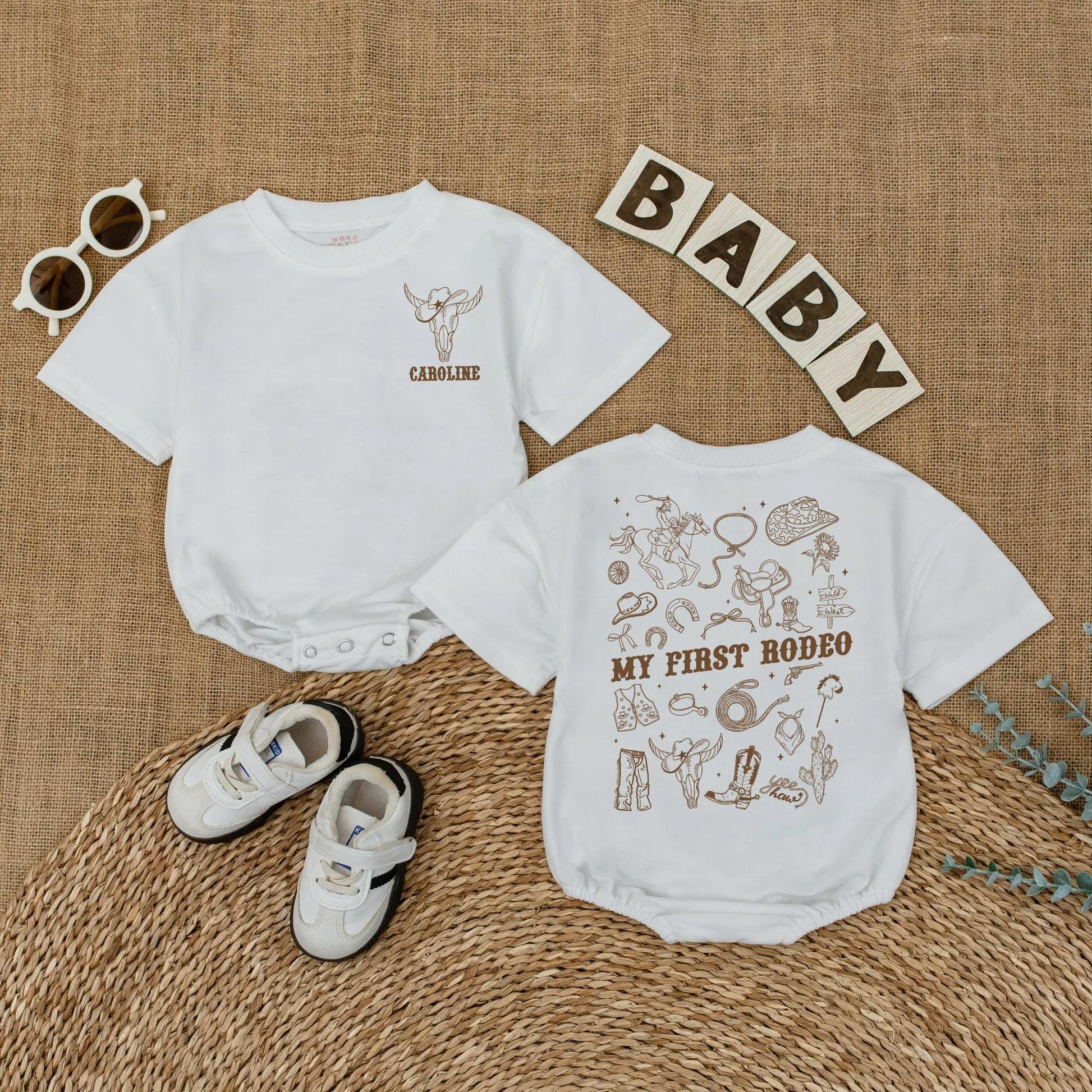 Personalized My First Rodeo Bubble Romper Western 1st Birthday Cowboy Baby Outfit Brown Vintage Skull Design Horse Lasso