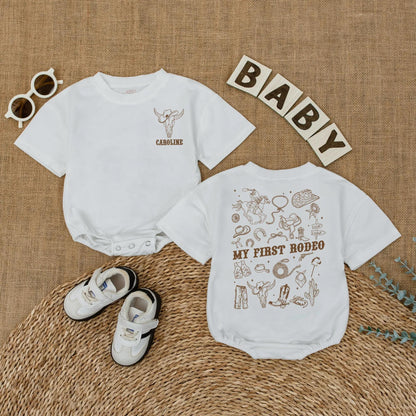 Personalized My First Rodeo Bubble Romper Western 1st Birthday Cowboy Baby Outfit Brown Vintage Skull Design Horse Lasso