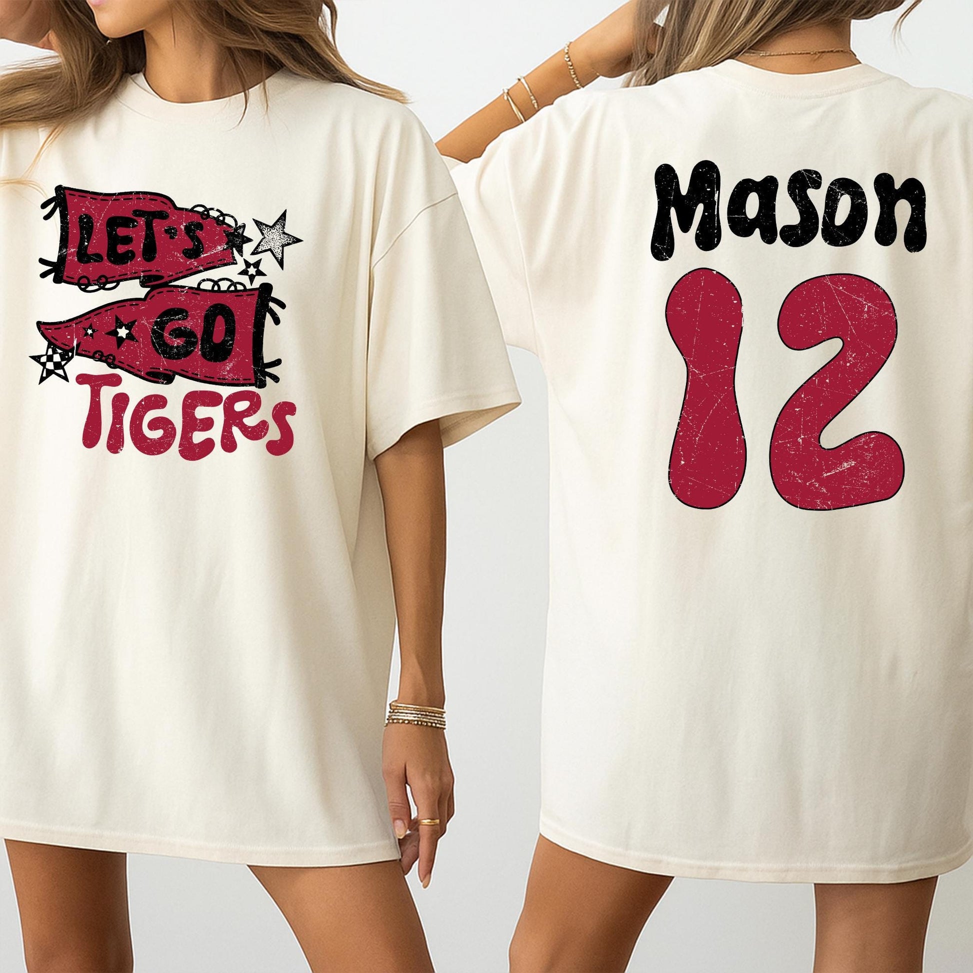 Vintage Let's Go Tigers Pennant Flag Mascot Shirt Red White Distressed Custom Name Mason 12 Game Day Fan Gift School Spirit Tee 138 Chars