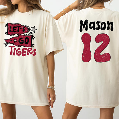 Vintage Let's Go Tigers Pennant Flag Mascot Shirt Red White Distressed Custom Name Mason 12 Game Day Fan Gift School Spirit Tee 138 Chars