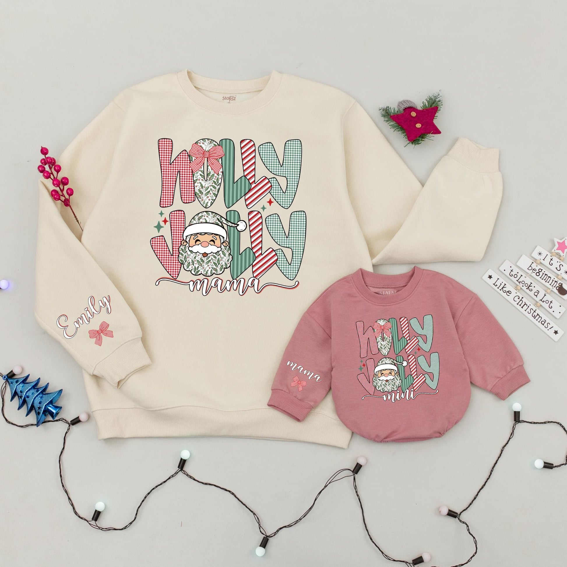 Holly Jolly Mama and Me Matching Christmas Sweaters, Santa Face, Plaid & Gingham Holiday Family Outfit, Mom & Daughter Xmas Gift