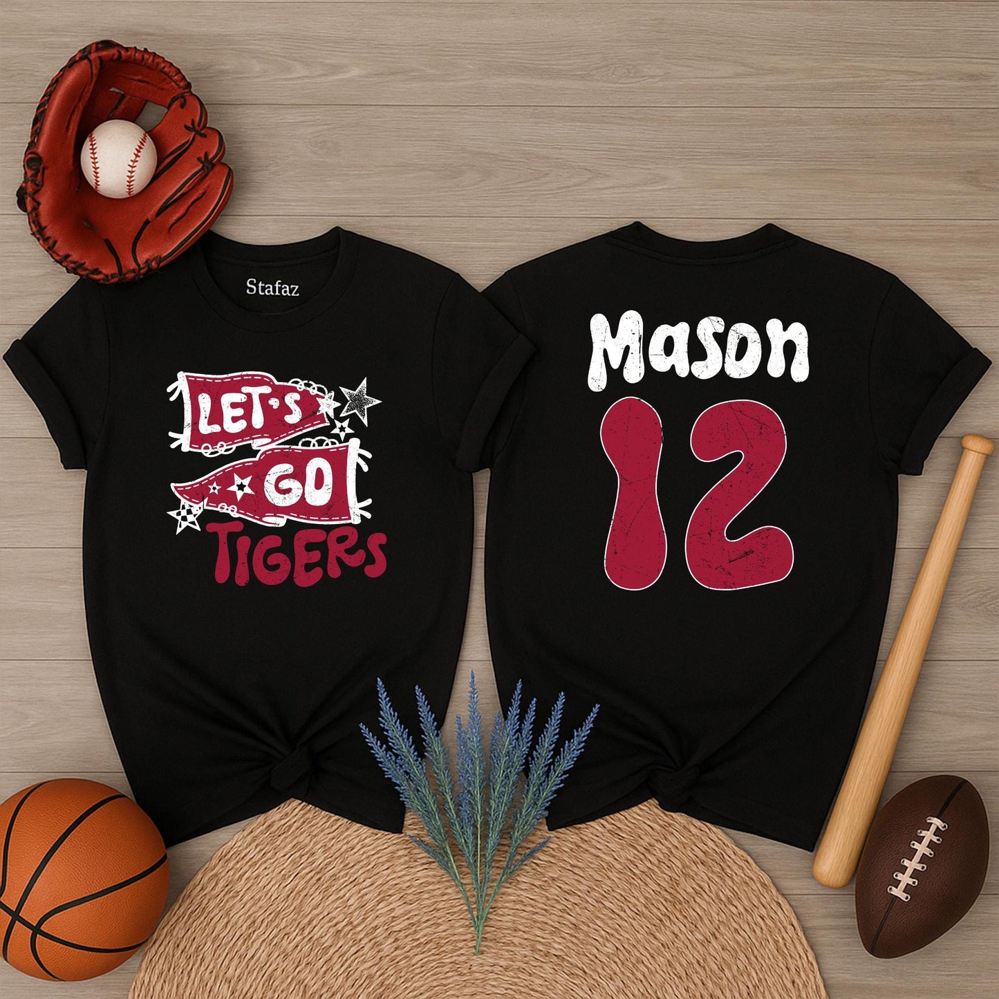 Vintage Let's Go Tigers Pennant Flag Mascot Shirt Red White Distressed Custom Name Mason 12 Game Day Fan Gift School Spirit Tee 138 Chars