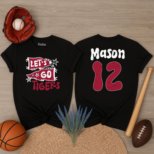 Vintage Let's Go Tigers Pennant Flag Mascot Shirt Red White Distressed Custom Name Mason 12 Game Day Fan Gift School Spirit Tee 138 Chars
