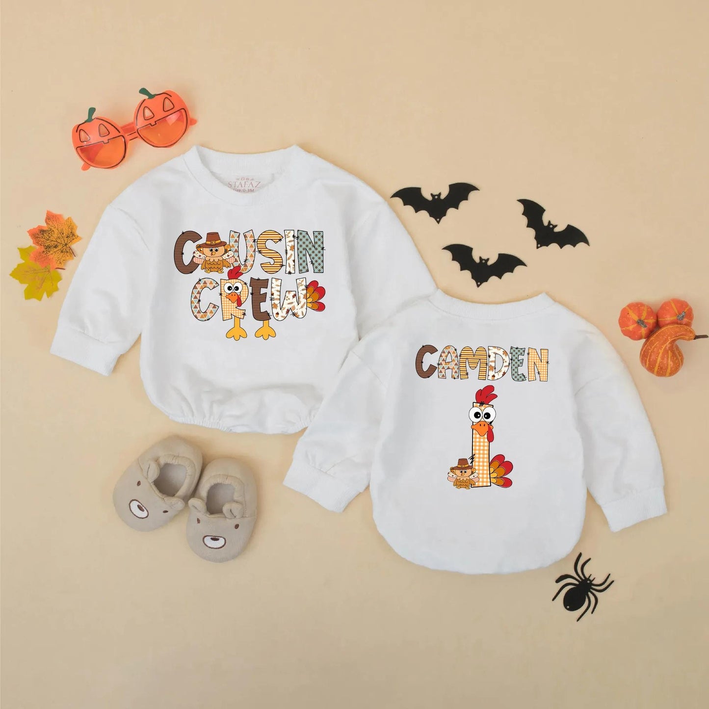 Custom Thanksgiving Cousin Crew Baby Romper with Turkey Design perfect for a memorable First Thanksgiving Gift matching soft infant fall outfits