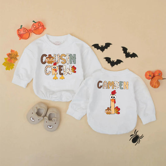 Custom Thanksgiving Cousin Crew Baby Romper with Turkey Design perfect for a memorable First Thanksgiving Gift matching soft infant fall outfits