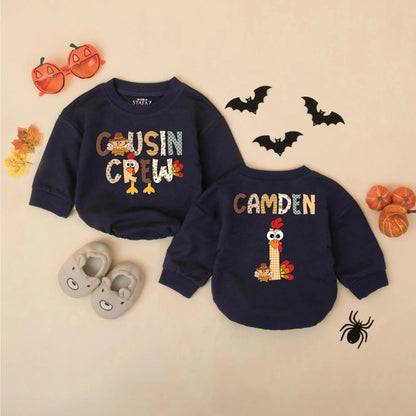 Custom Thanksgiving Cousin Crew Baby Romper with Turkey Design perfect for a memorable First Thanksgiving Gift matching soft infant fall outfits