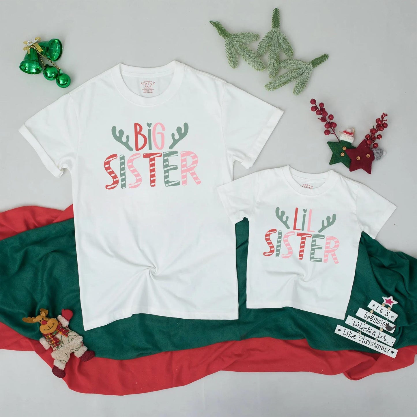 Matching Big Sister Lil Sister Christmas Shirts Antler Design, Sister Crew Outfit, Cute Holiday Gift, Baby Announcement Siblings, Soft Cotton Blend (139 chars)