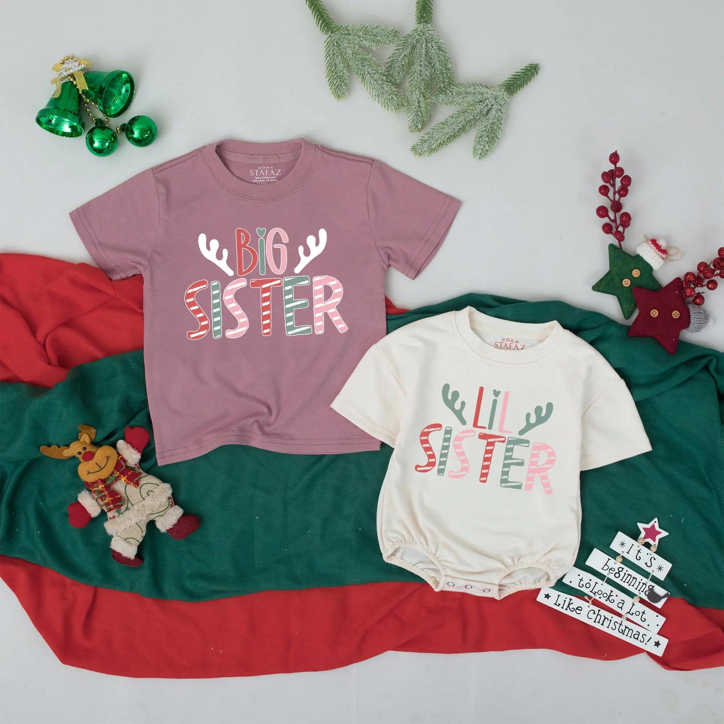 Matching Big Sister Lil Sister Christmas Shirts Antler Design, Sister Crew Outfit, Cute Holiday Gift, Baby Announcement Siblings, Soft Cotton Blend (139 chars)