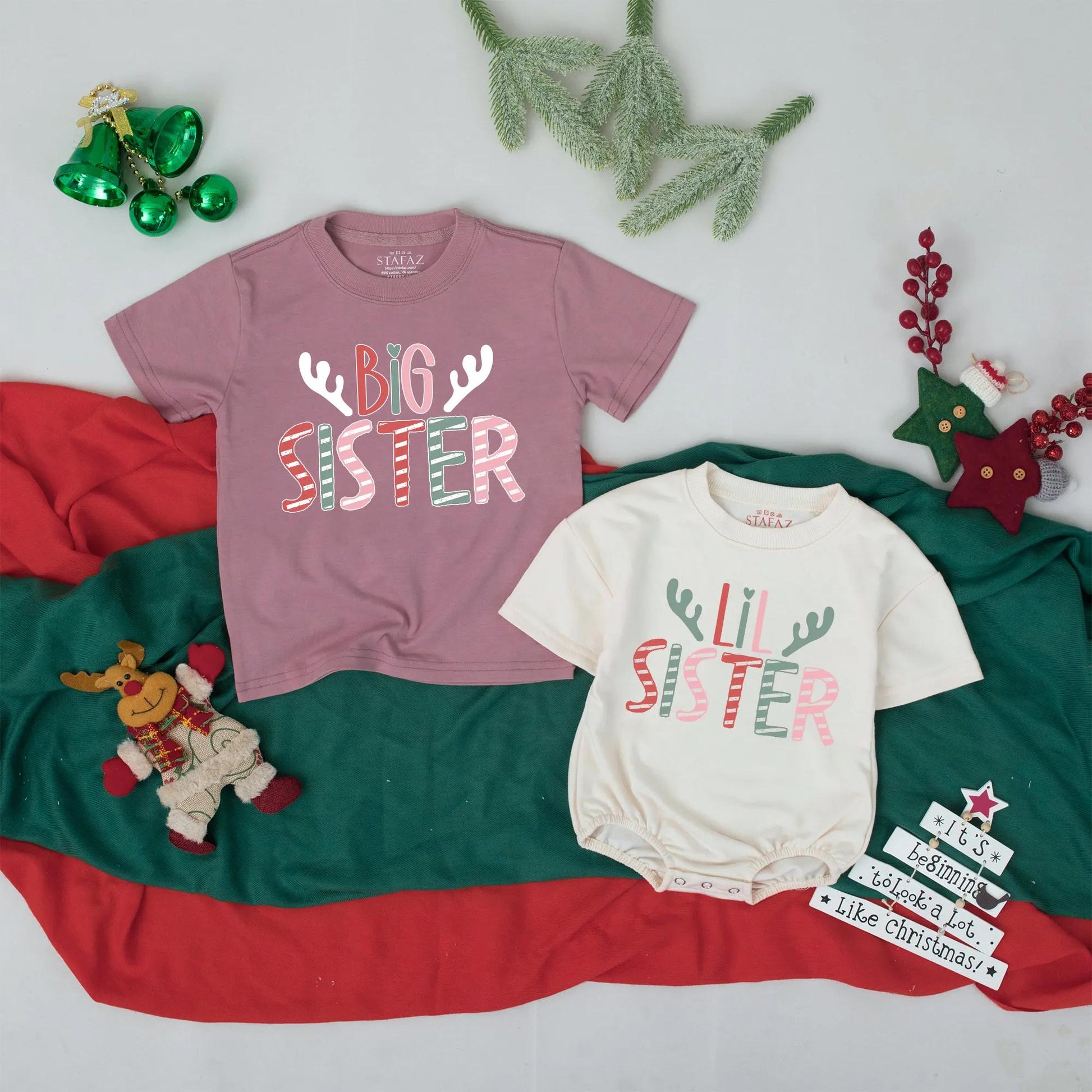 Matching Big Sister Lil Sister Christmas Shirts Antler Design, Sister Crew Outfit, Cute Holiday Gift, Baby Announcement Siblings, Soft Cotton Blend (139 chars)