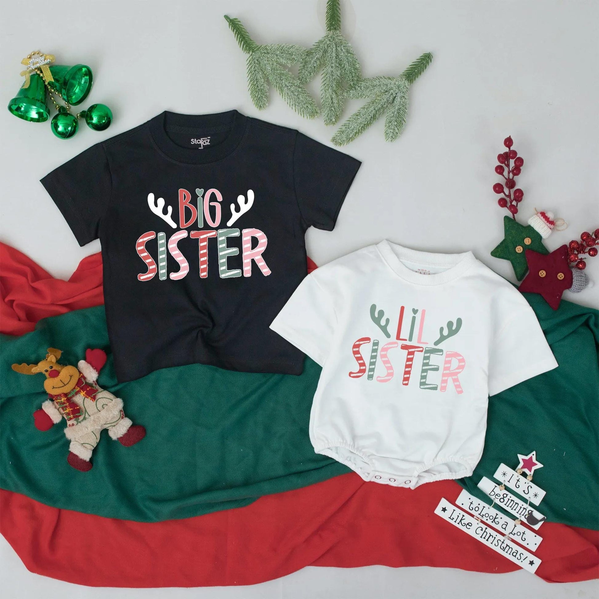 Matching Big Sister Lil Sister Christmas Shirts Antler Design, Sister Crew Outfit, Cute Holiday Gift, Baby Announcement Siblings, Soft Cotton Blend (139 chars)