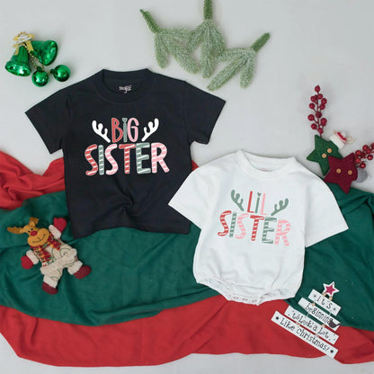 Matching Big Sister Lil Sister Christmas Shirts Antler Design, Sister Crew Outfit, Cute Holiday Gift, Baby Announcement Siblings, Soft Cotton Blend (139 chars)