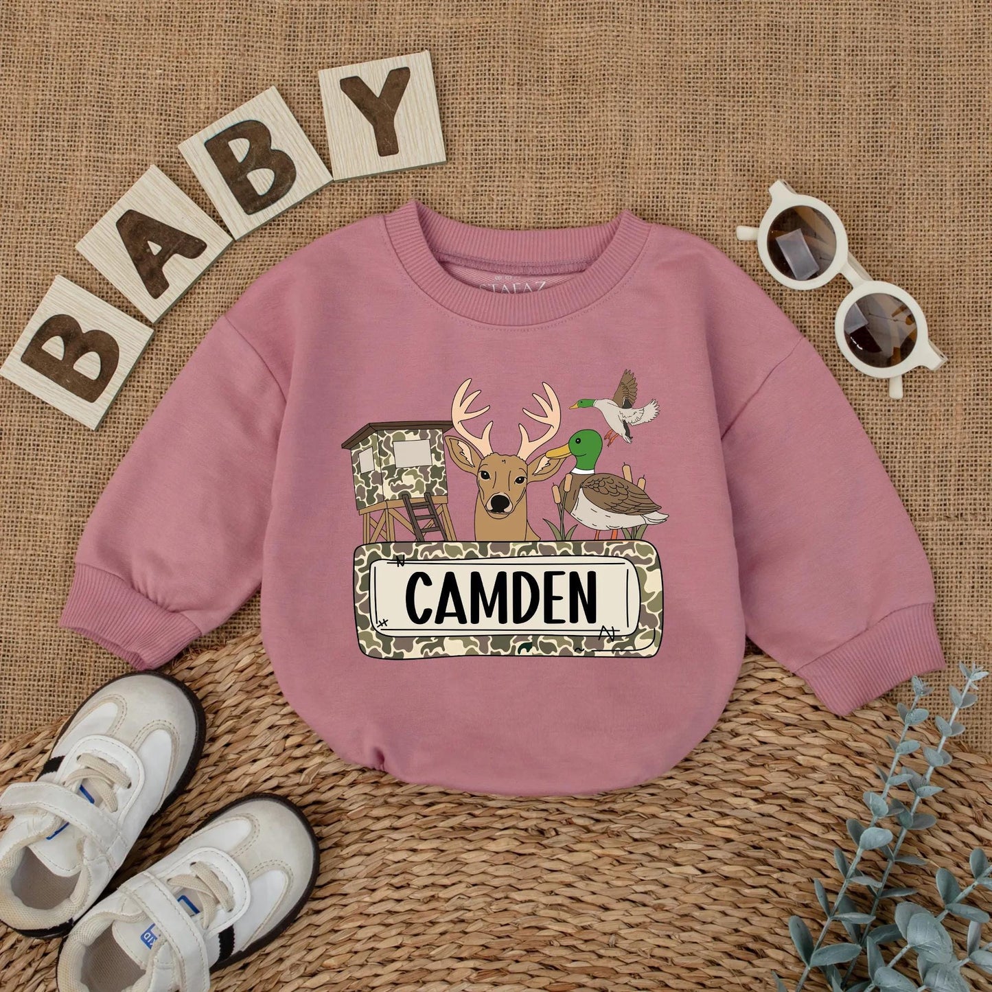 Cartoon Camo Deer & Duck Hunting Season Baby Romper Personalized Camden Gift for Boys Outdoor Adventures