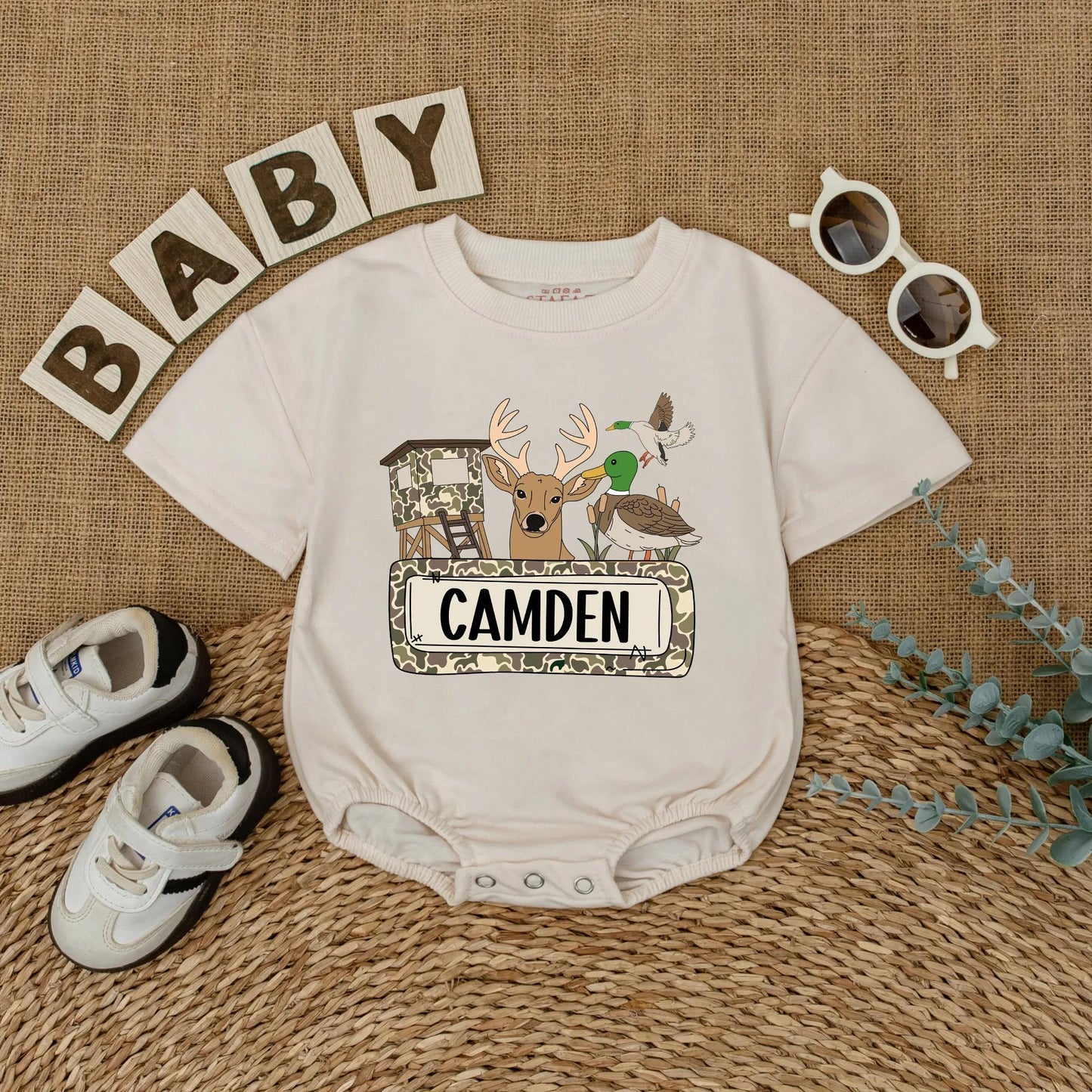 Cartoon Camo Deer & Duck Hunting Season Baby Romper Personalized Camden Gift for Boys Outdoor Adventures