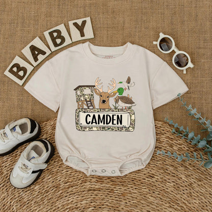 Cartoon Camo Deer & Duck Hunting Season Baby Romper Personalized Camden Gift for Boys Outdoor Adventures