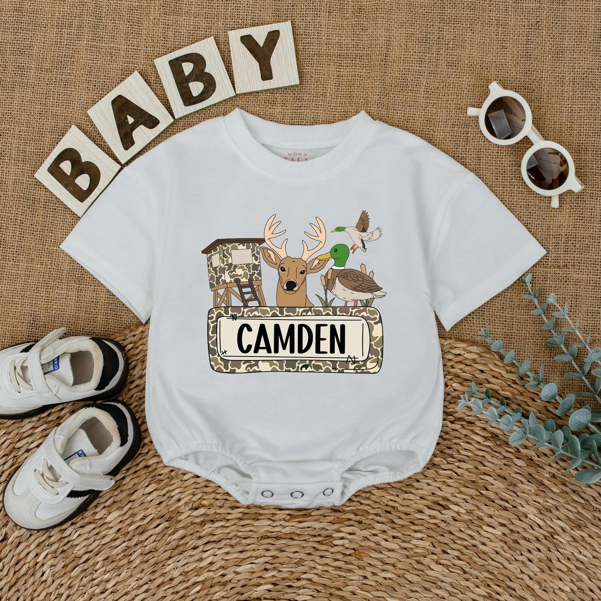 Cartoon Camo Deer & Duck Hunting Season Baby Romper Personalized Camden Gift for Boys Outdoor Adventures