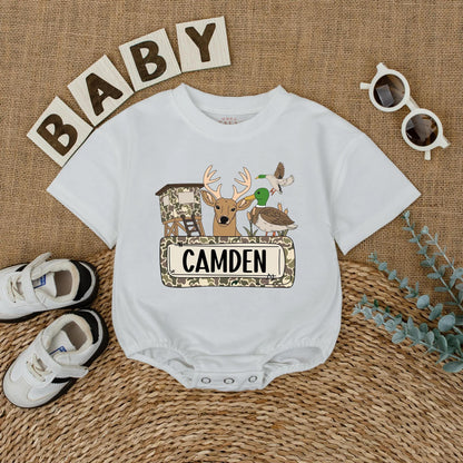 Cartoon Camo Deer & Duck Hunting Season Baby Romper Personalized Camden Gift for Boys Outdoor Adventures