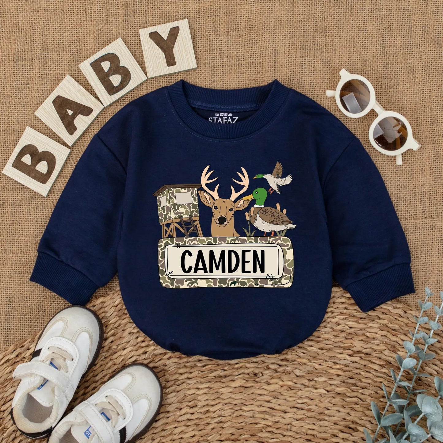 Cartoon Camo Deer & Duck Hunting Season Baby Romper Personalized Camden Gift for Boys Outdoor Adventures