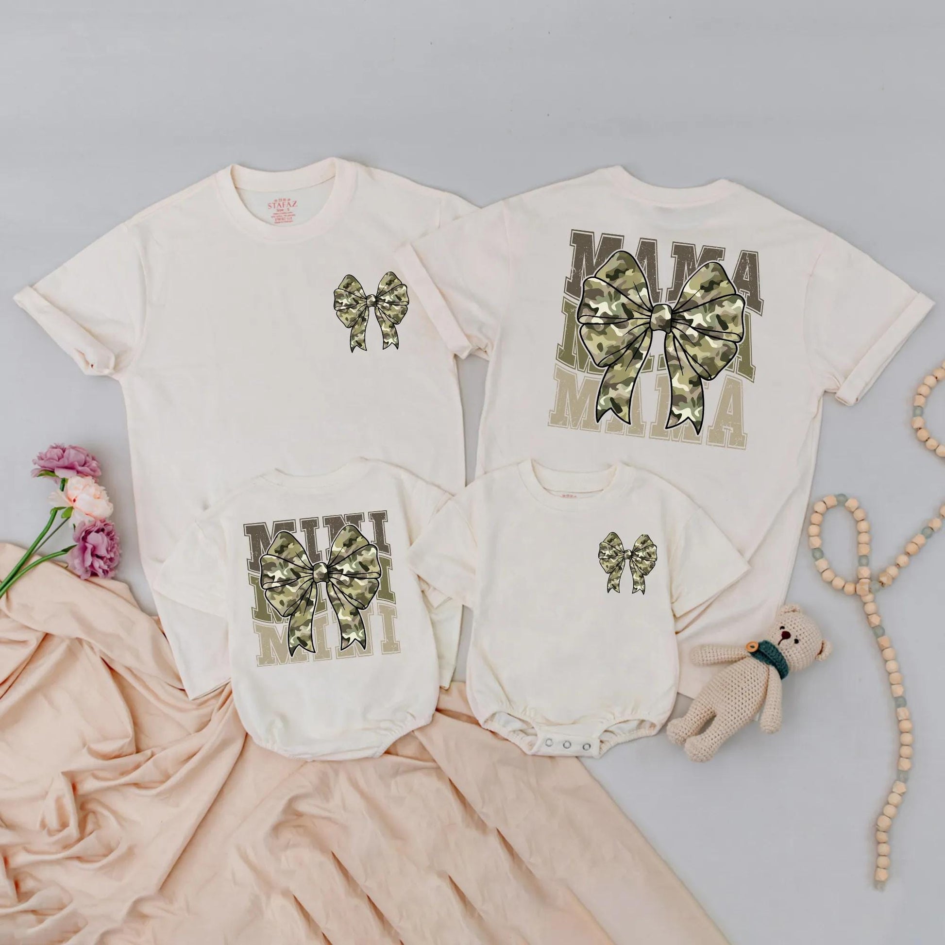 Matching Camo Bow Mama & Mini Shirts Cute Duck Family Outfits for Birthday Photos, First Birthday Gift, Mommy and Me Style, Playful Outdoor Adventure (140)