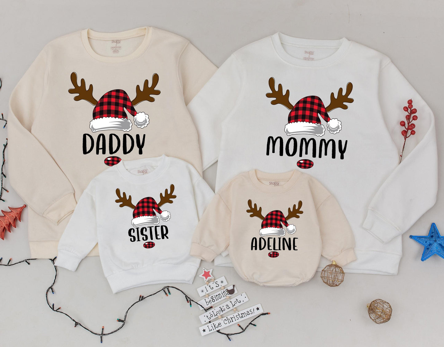 Matching Family Christmas Sweatshirts Daddy Mommy Sister Adeline Santa Hat Reindeer Plaid Cozy Xmas Gift Family Matching Outfits