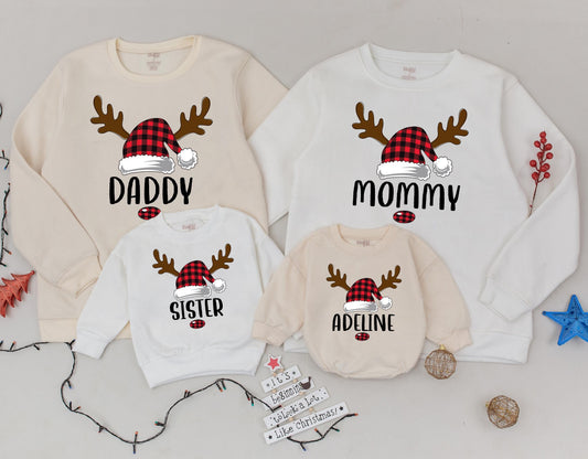 Matching Family Christmas Sweatshirts Daddy Mommy Sister Adeline Santa Hat Reindeer Plaid Cozy Xmas Gift Family Matching Outfits