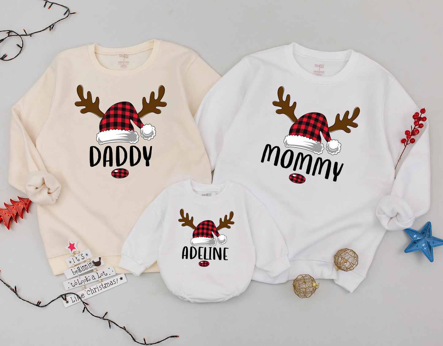 Matching Family Christmas Sweatshirts Daddy Mommy Sister Adeline Santa Hat Reindeer Plaid Cozy Xmas Gift Family Matching Outfits