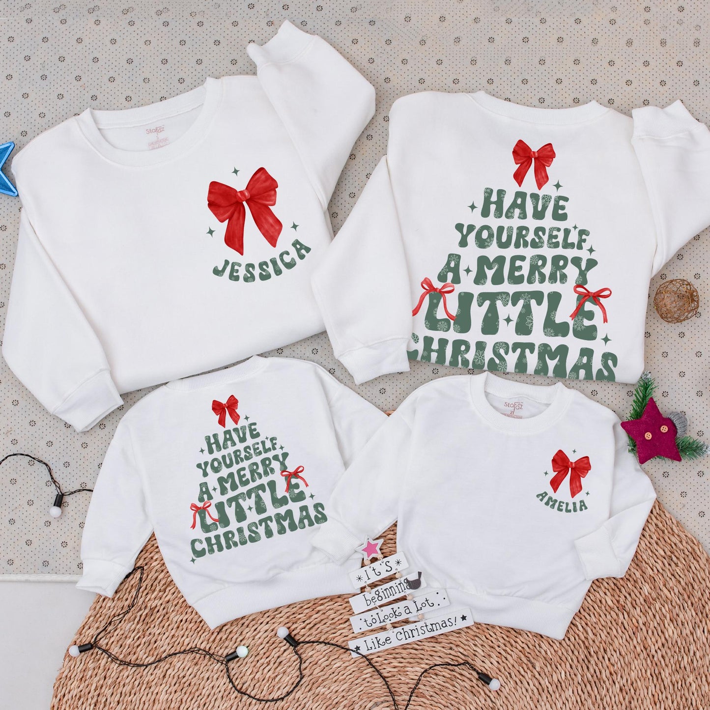 Personalized Merry Little Christmas Matching Sweatshirt Retro Red Bow Name Green Lettering Family Holiday Mom Daughter Shirt