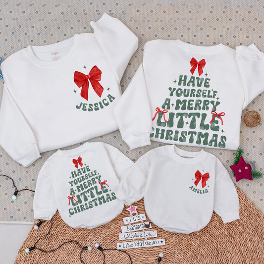 Personalized Merry Little Christmas Matching Sweatshirt Retro Red Bow Name Green Lettering Family Holiday Mom Daughter Shirt