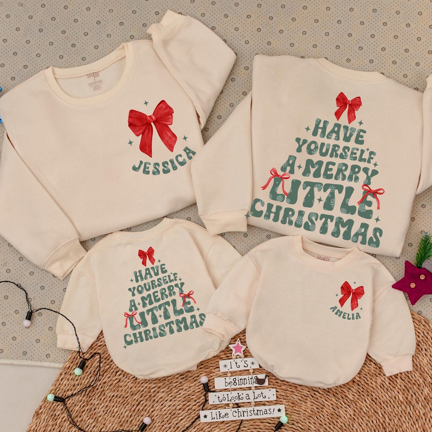 Personalized Merry Little Christmas Matching Sweatshirt Retro Red Bow Name Green Lettering Family Holiday Mom Daughter Shirt