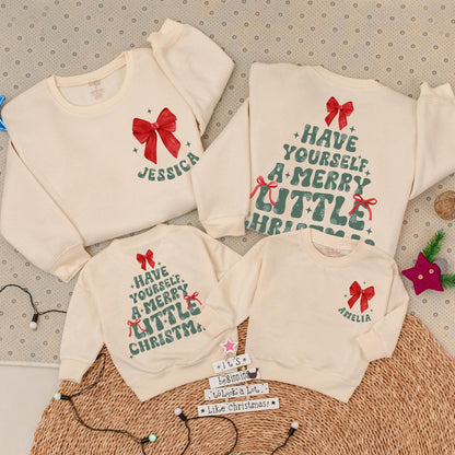 Personalized Merry Little Christmas Matching Sweatshirt Retro Red Bow Name Green Lettering Family Holiday Mom Daughter Shirt