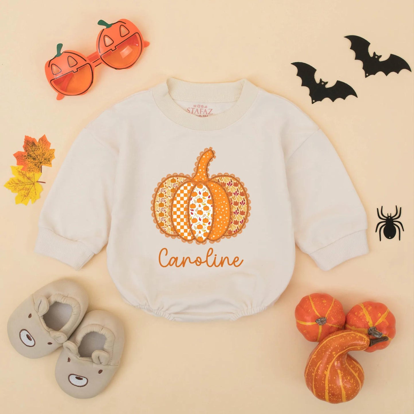 Custom Caroline Pumpkin Patch Romper: Thanksgiving Baby Girl Outfit, Cute Autumn Clothes, Festive Personalized Gift, Preppy Fall Bodysuit (139 chars)