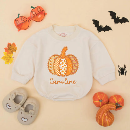 Custom Caroline Pumpkin Patch Romper: Thanksgiving Baby Girl Outfit, Cute Autumn Clothes, Festive Personalized Gift, Preppy Fall Bodysuit (139 chars)