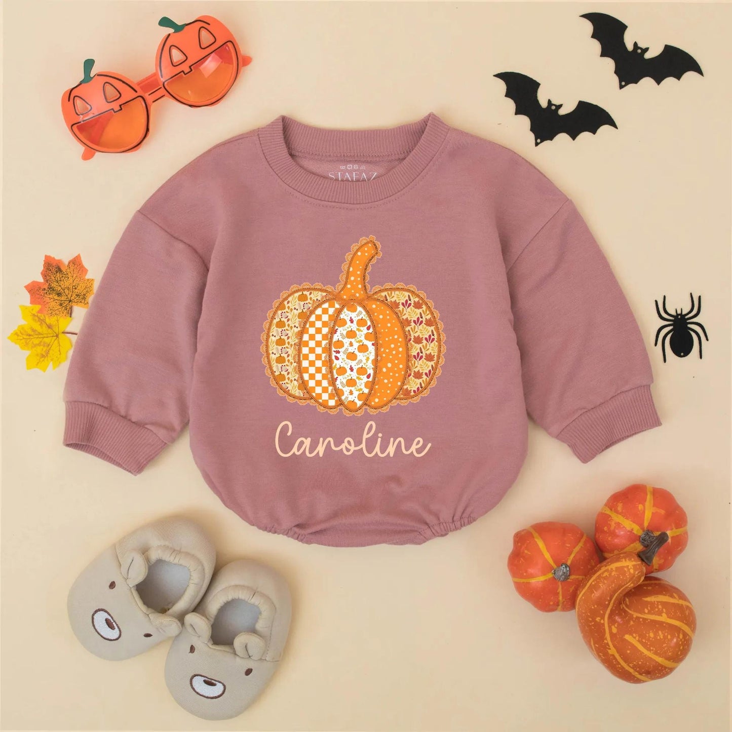 Custom Caroline Pumpkin Patch Romper: Thanksgiving Baby Girl Outfit, Cute Autumn Clothes, Festive Personalized Gift, Preppy Fall Bodysuit (139 chars)