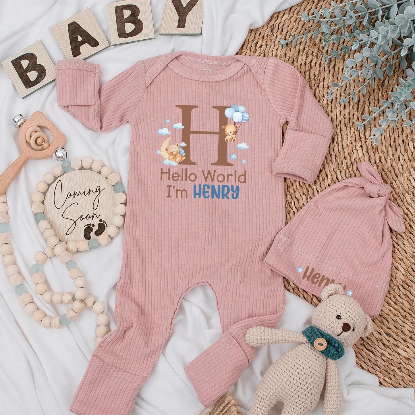 Personalized Hello World Baby Boy Bodysuit Coming Home Outfit Newborn Romper Baby Shower Gift Baby Announcement Bear