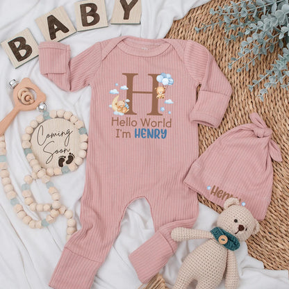 Personalized Hello World Baby Boy Bodysuit Coming Home Outfit Newborn Romper Baby Shower Gift Baby Announcement Bear