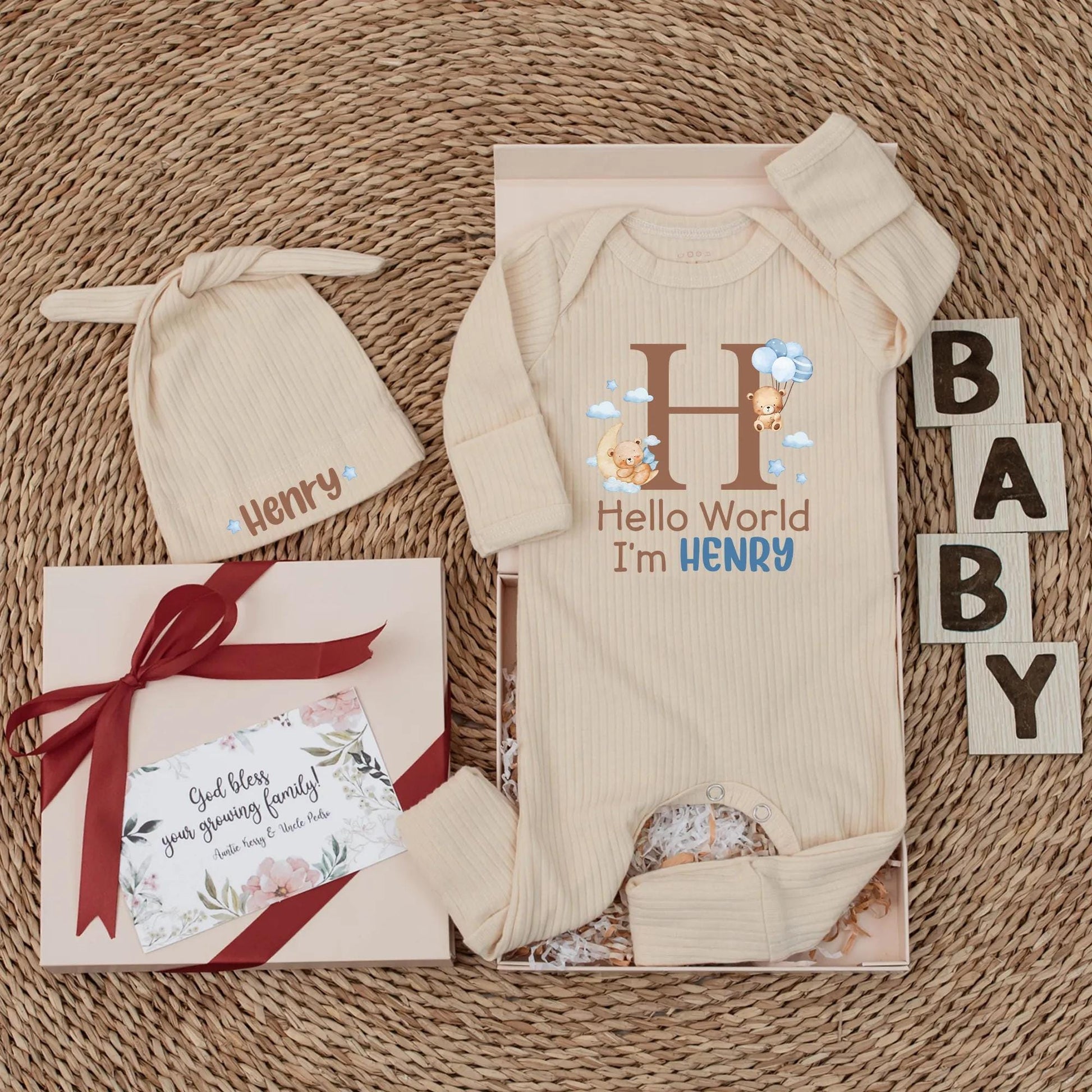 Personalized Hello World Baby Boy Bodysuit Coming Home Outfit Newborn Romper Baby Shower Gift Baby Announcement Bear