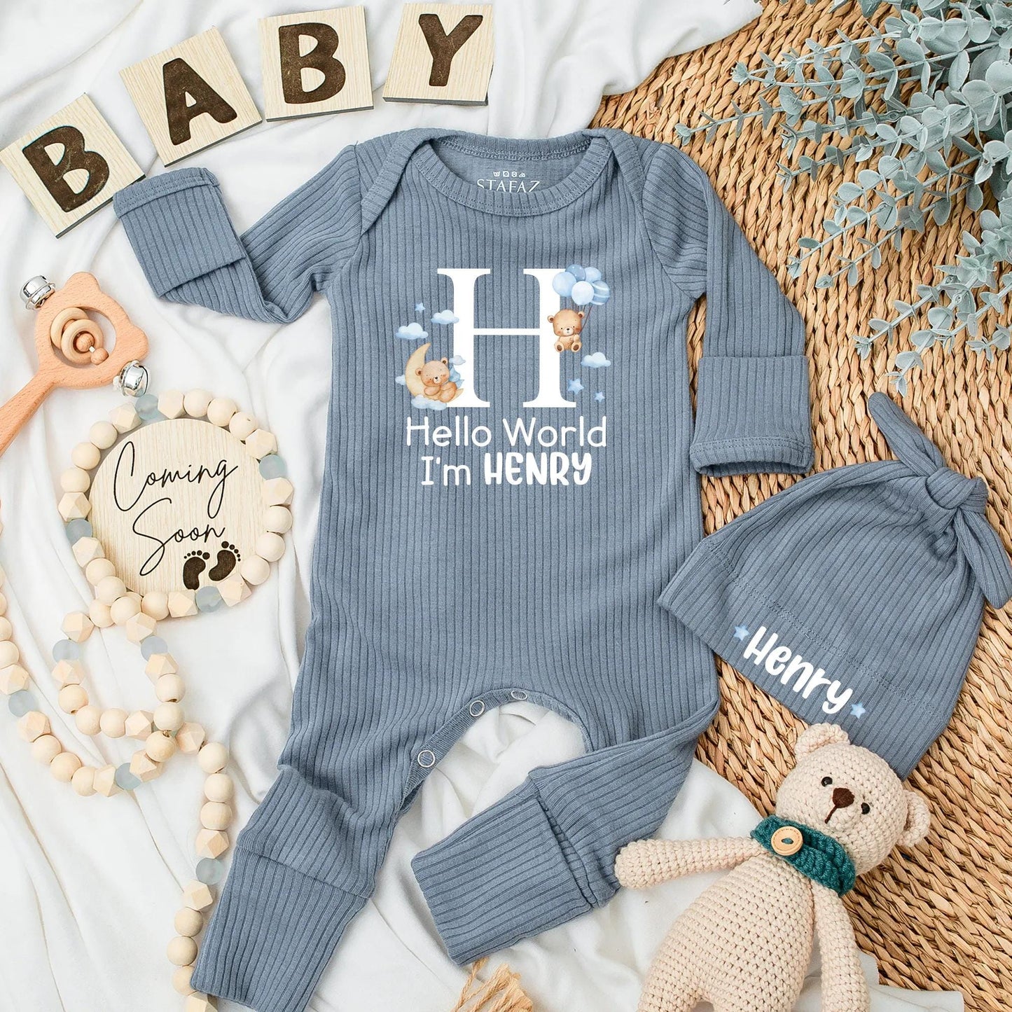 Personalized Hello World Baby Boy Bodysuit Coming Home Outfit Newborn Romper Baby Shower Gift Baby Announcement Bear