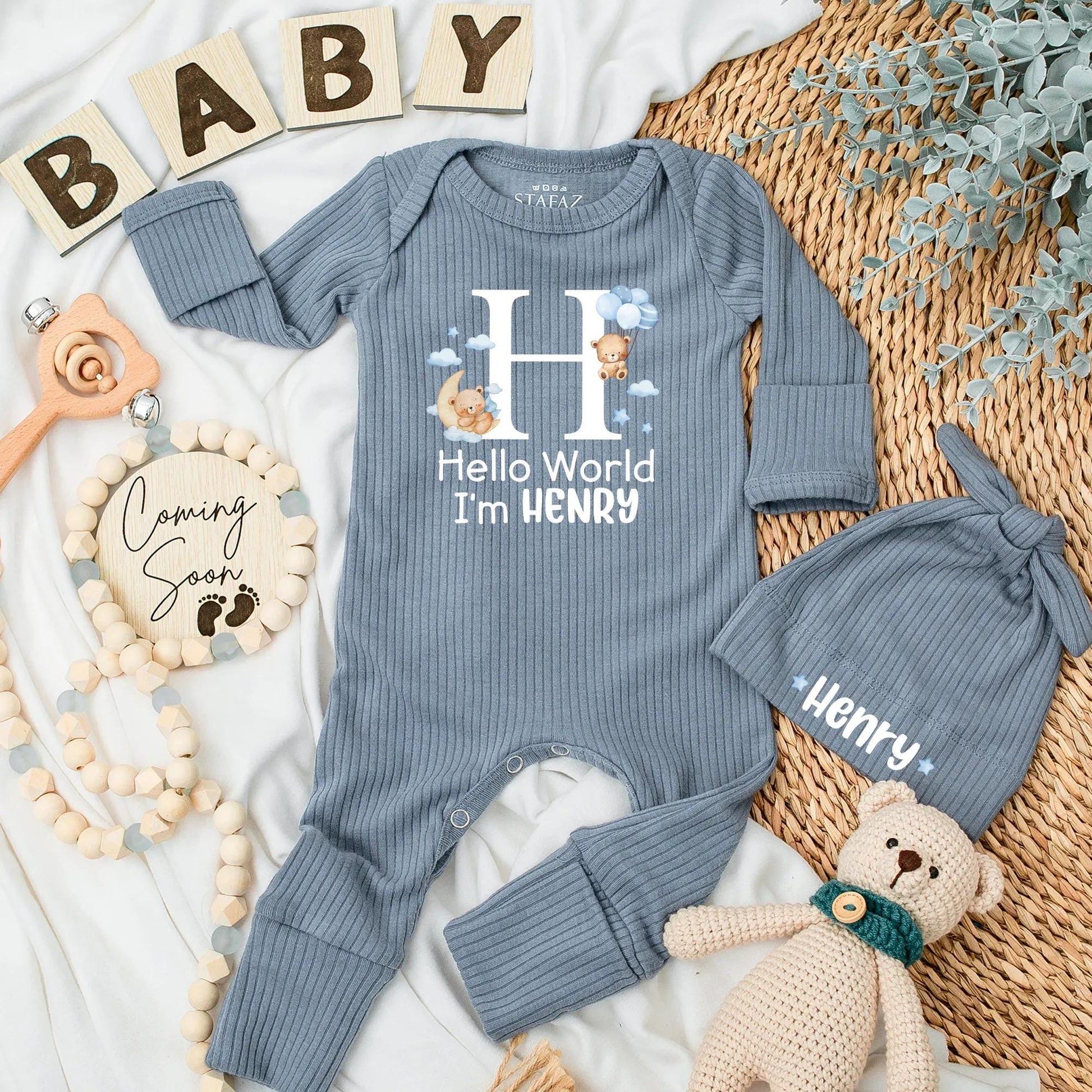 Personalized Hello World Baby Boy Bodysuit Coming Home Outfit Newborn Romper Baby Shower Gift Baby Announcement Bear