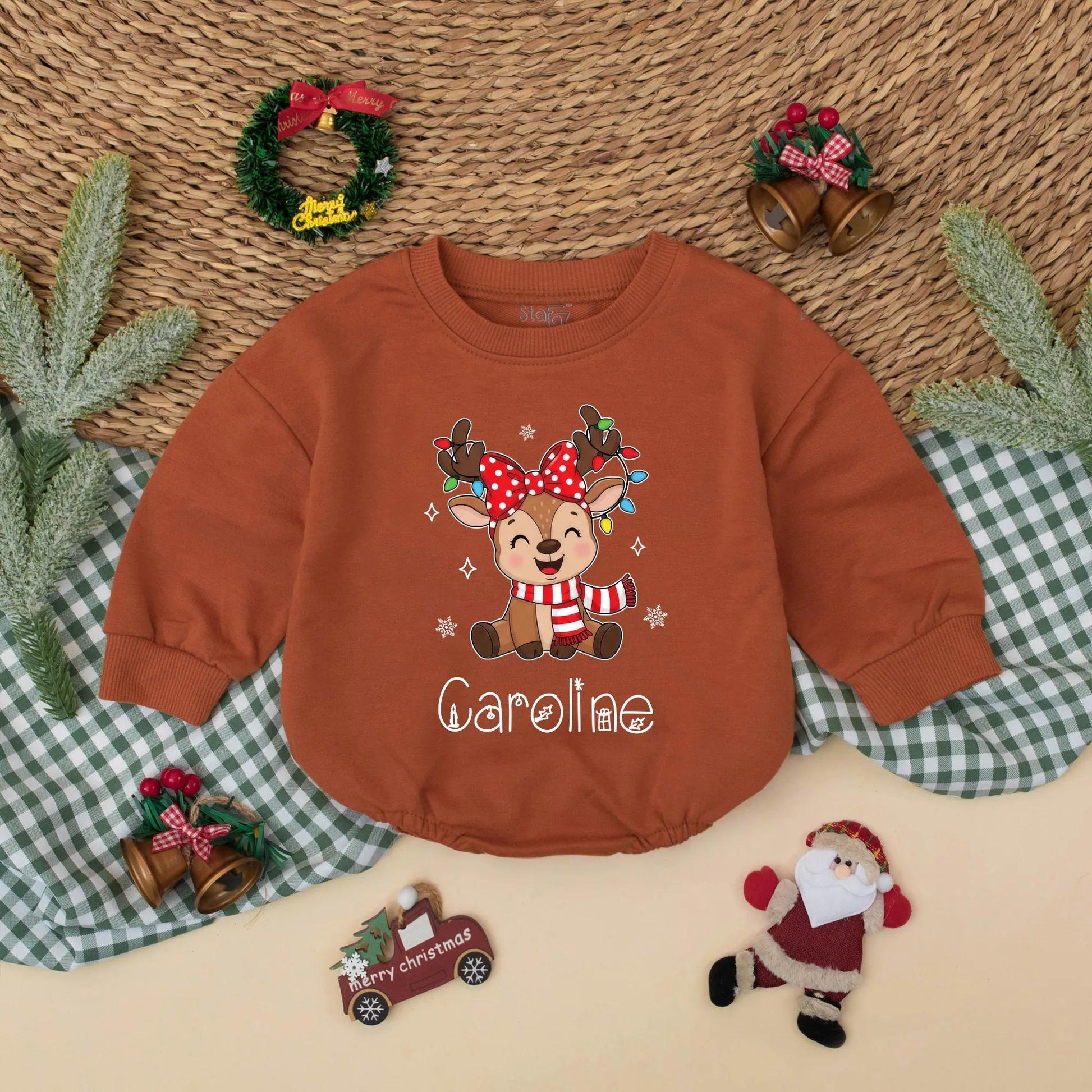 Personalized Christmas Reindeer Sweatshirt Romper Cute Baby Outfit Whimsical Holiday Design Custom Names Matching Siblings Festive Kids Clothes